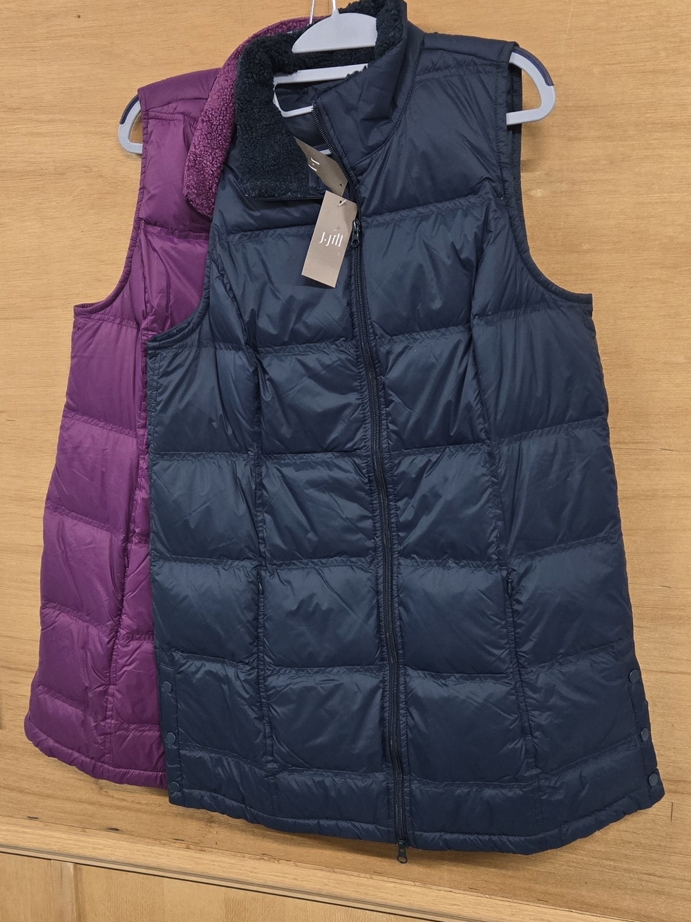 (2) J. Jill Side Snap Quilted Down Puffer Vest in Teal & Plum Medium Tall